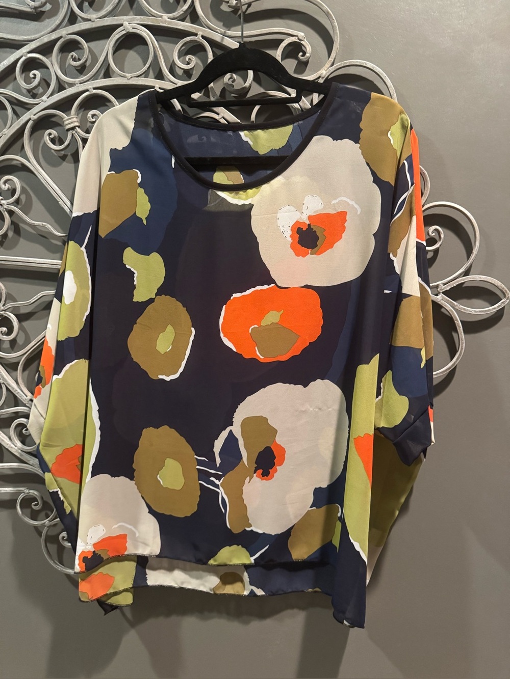 Women’s plus sheer tunic butterfly top abstract print navy orange lime sz 1x
